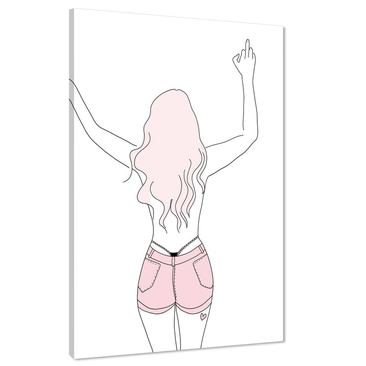 Pink Figurative Girl in Jeans Shorts Line Drawing Canvas Art Pictures - 1RP1218M