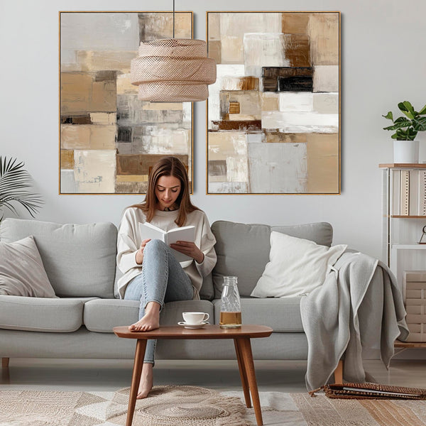 Large Coffee Cream Neutral Pair Framed Canvas - Earth Set of 2