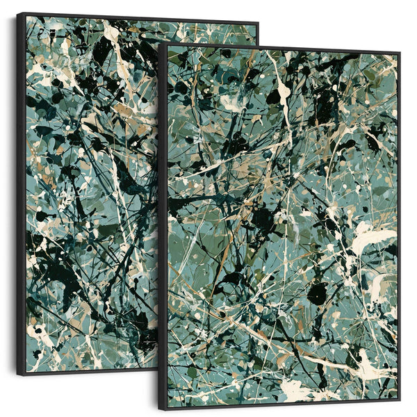 Pair Abstract Framed Canvases - Jackson Pollock Style Green