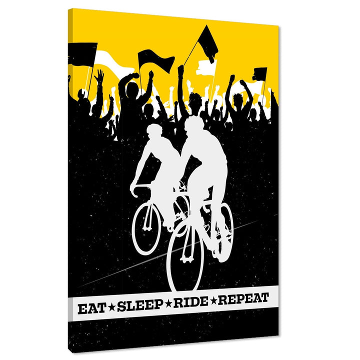 Eat Sleep Ride Repeat Cycling Canvas Wall Art Picture Black and White Mustard - 1RP1167M