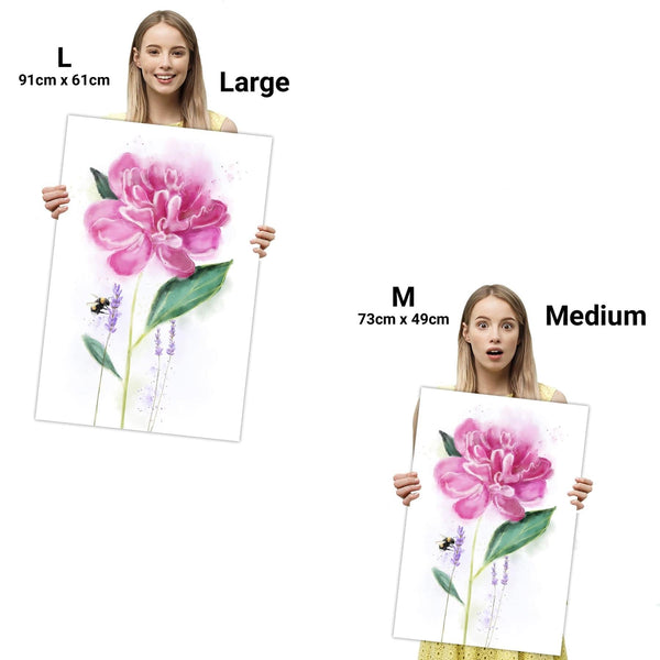 Pink Green Flower and Lavender With Bee Floral Canvas Wall Art Print