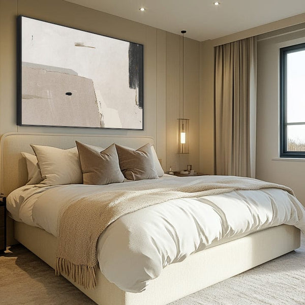 Large Neutral Abstract Canvas Wall Art - Framed Beige Black Artwork