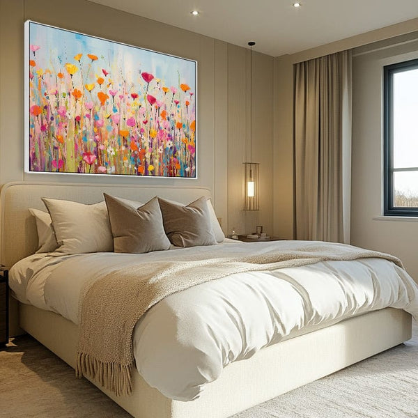 Large Bright Colourful Framed Wall Art for Living Room - Floral Canvas Artwork