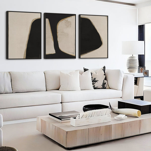 Large Beige Black Abstract Wall Art - Framed Canvas Set of 3