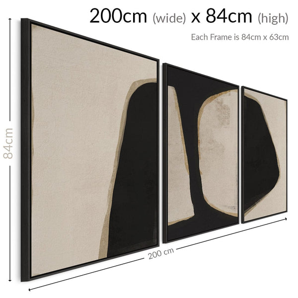 Large Beige Black Abstract Wall Art - Framed Canvas Set of 3