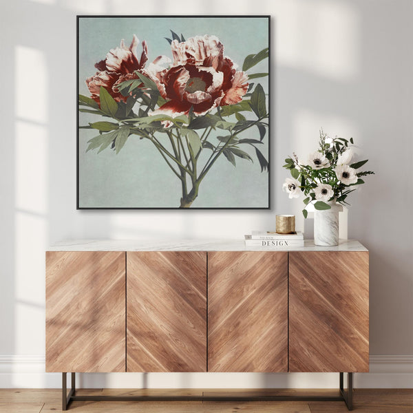 Vintage Japanese Pink Floral Wall Art Framed Canvas Print of Tree Peony Flowers Painting - 100cm x 100cm