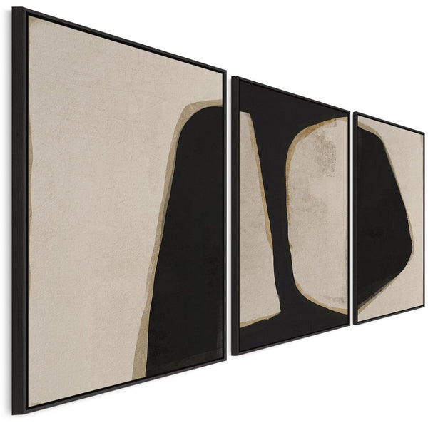 Large Beige Black Abstract Wall Art - Framed Canvas Set of 3