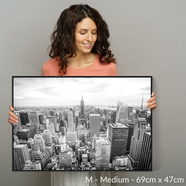 New York Skyline Framed Canvas Wall Art - Black White Picture