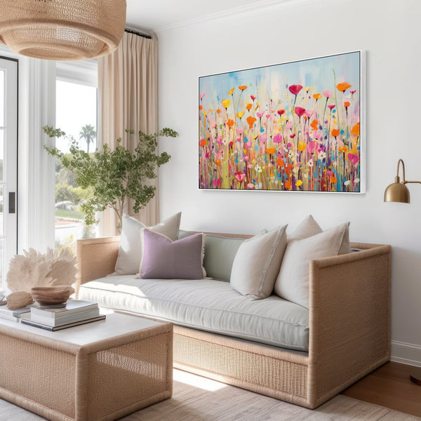 Large Bright Colourful Framed Wall Art for Living Room - Floral Canvas Artwork