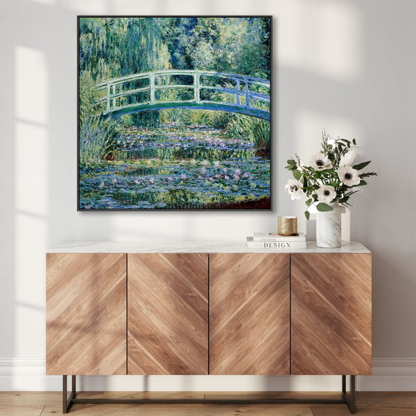 Claude Monet Framed Canvas Wall Art - Japanese Bridge Water Lilies - XL Large 100cm x 100cm