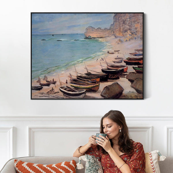 Claude Monet Landscape Framed Canvas Print of Boats on the Beach at Etretat Painting