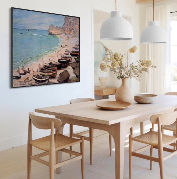 Claude Monet Landscape Framed Canvas Print of Boats on the Beach at Etretat Painting