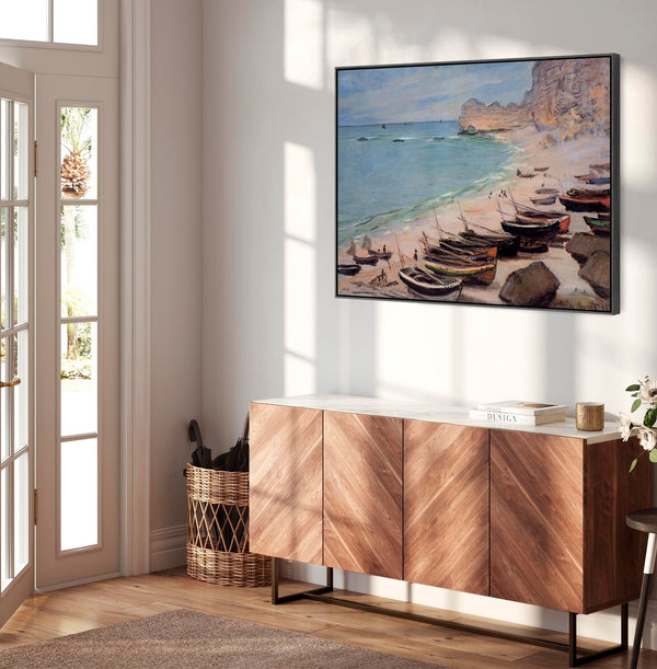 Claude Monet Landscape Framed Canvas Print of Boats on the Beach at Etretat Painting