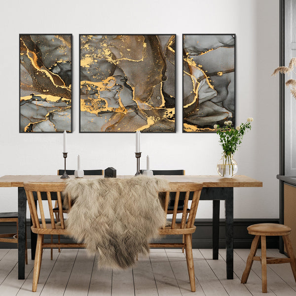 Extra Large Framed Wall Art Pictures for Living Room - Grey Black Gold Abstract Marble - Set of 3 - XXL 212cm Wide
