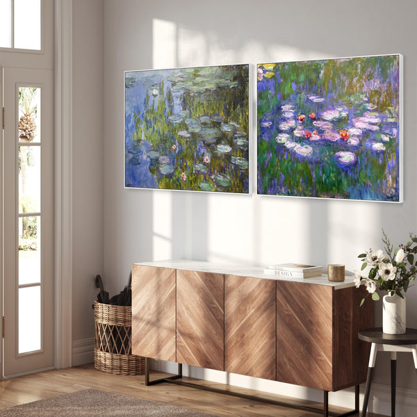 Extra Large Claude Monet Water Lilies Nympheas Pair of Blue Wall Art Framed Canvas Impressionist Pictures - Set of 2