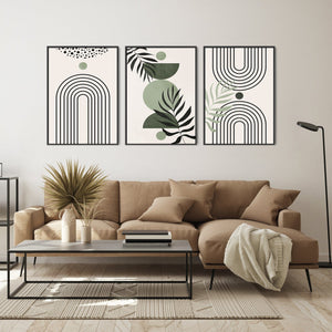 Boho Wall Art - Framed Set of 3 - Extra Large - Green Canvas