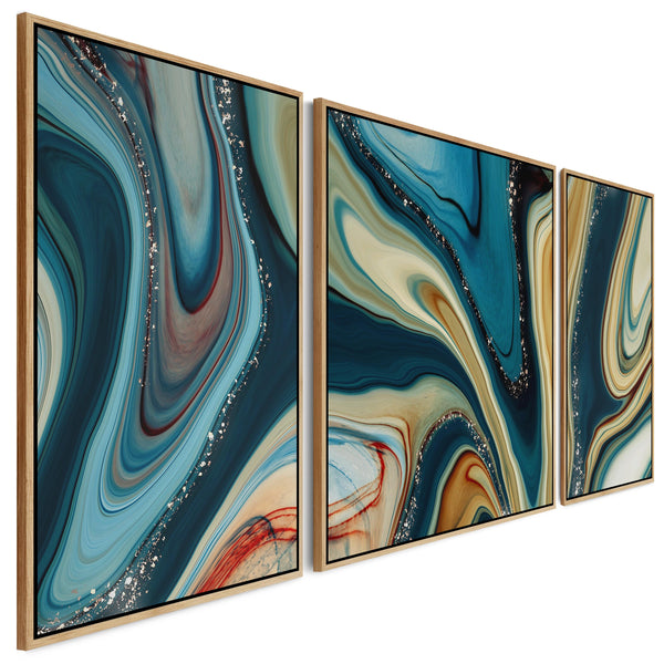 Extra Large Framed Wall Art Pictures for Living Room - Teal Blue Abstract - Set of 3 - XXL 212cm Wide