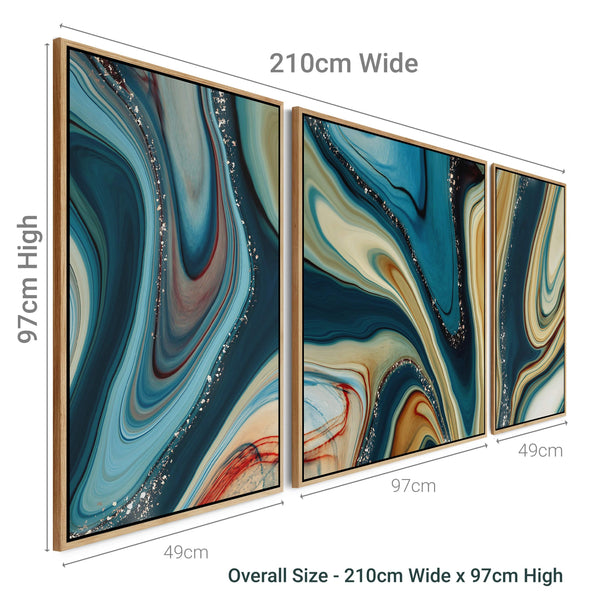 Extra Large Framed Wall Art Pictures for Living Room - Teal Blue Abstract - Set of 3 - XXL 212cm Wide