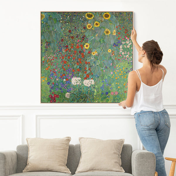 Large Gustav Klimt Farm Garden - Framed Canvas Print - Green Floral - 100cm x 100cm