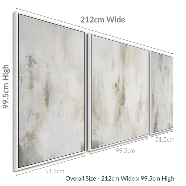 Large Framed Neutral Wall Art Canvas for Living Room - Abstract Set of 3 - 212cm Wide