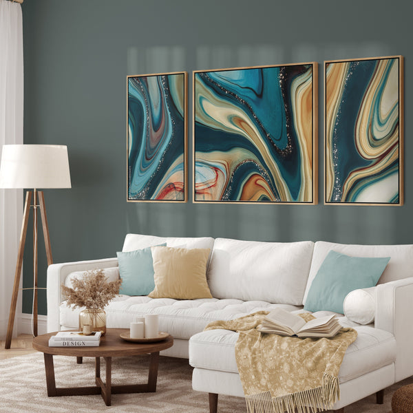 Extra Large Framed Wall Art Pictures for Living Room - Teal Blue Abstract - Set of 3 - XXL 212cm Wide