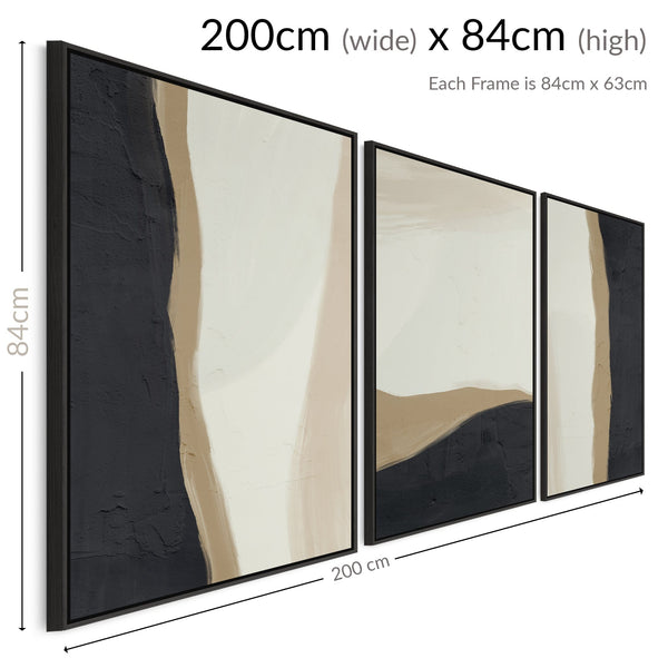 Large Set of 3 Wall Art For Living Room - Framed Abstract Black Cream