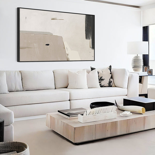 Large Neutral Abstract Canvas Wall Art - Framed Beige Black Artwork