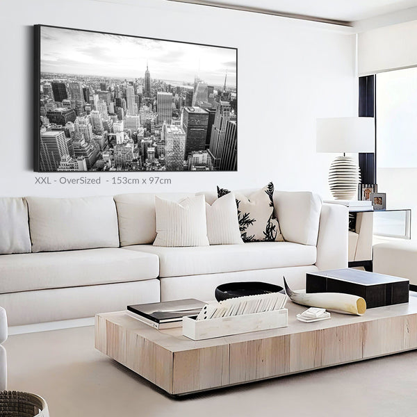 New York Skyline Framed Canvas Wall Art - Black White Picture