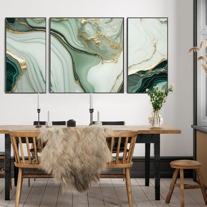 Extra Large Abstract Framed Canvas Wall Art - Green Gold - Set of 3 Pictures - 3AF2142XXL-G