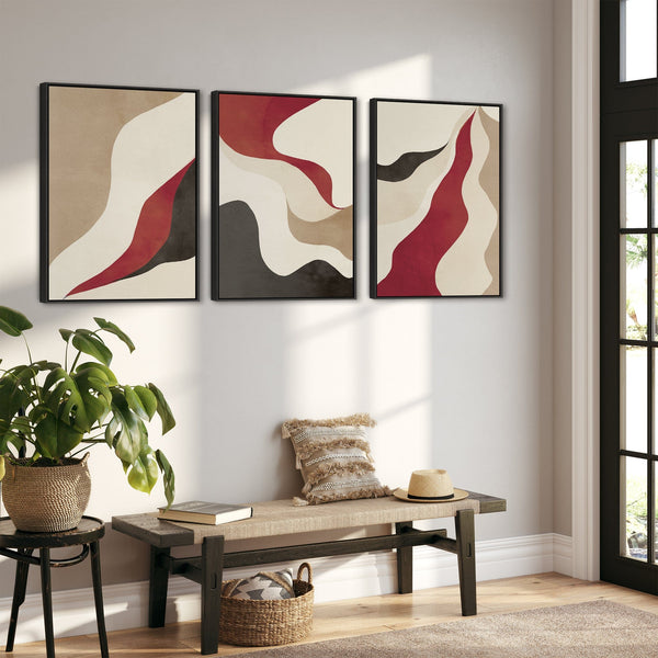 Large Set of 3 Red Abstract Framed Canvas Wall Art - Burgundy Cream Black