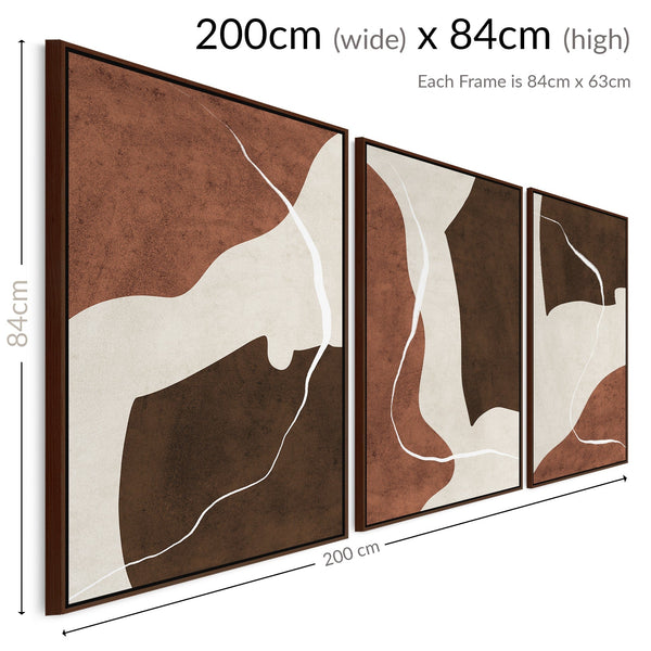 Extra Large Set of 3 Framed Wall Art for Living Room - Abstract Brown Canvas