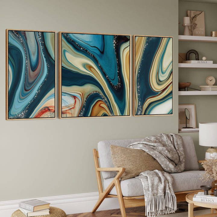 Extra Large Framed Wall Art Pictures for Living Room - Teal Blue Abstract - Set of 3 - XXL 212cm Wide - 3AF2076XL