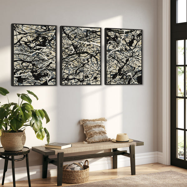 Neutral Wall Art for Living Room - Set of 3 Abstract Pictures Jackson Pollock Style - 2m Wide