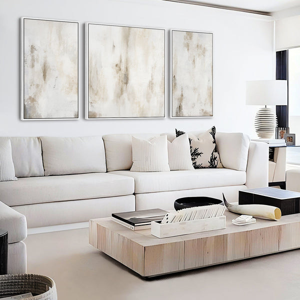 Large Framed Neutral Wall Art Canvas for Living Room - Abstract Set of 3 - 212cm Wide