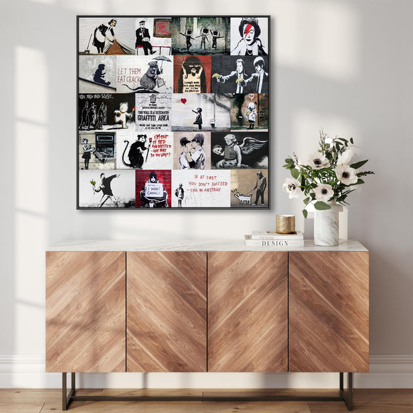 Extra Large Banksy Collage Framed Canvas Wall Art Print - XXL Graffiti Street Art Picture 100cm x 100cm