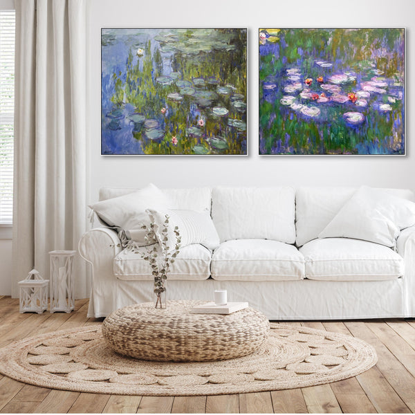 Extra Large Claude Monet Water Lilies Nympheas Pair of Blue Wall Art Framed Canvas Impressionist Pictures - Set of 2