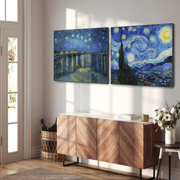 Extra Large Vincent Van Gogh Starry Night Pair of Blue Wall Art Framed Canvas Landscape Paintings - Set of 2
