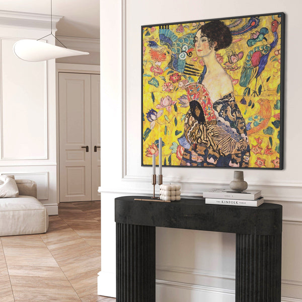 Large Gustav Klimt Framed Wall Art Canvas - Lady with Fan - 100cm x 100cm