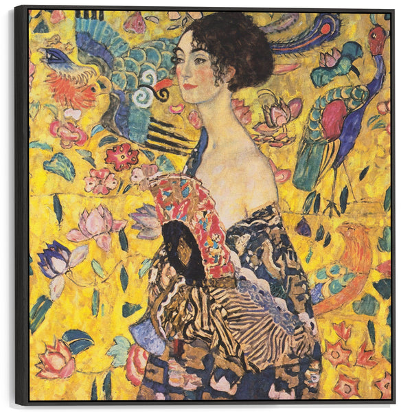 Large Gustav Klimt Framed Wall Art Canvas - Lady with Fan - 100cm x 100cm