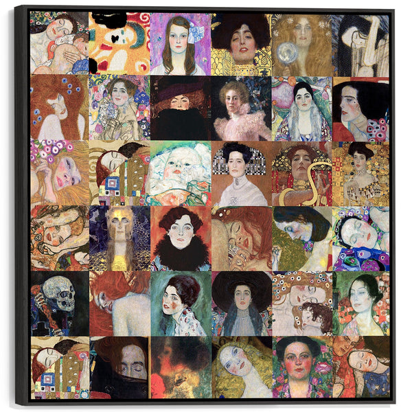 Large Gustav Klimt Framed Wall Art Print on Canvas - Colourful 100cm x 100cm Montage