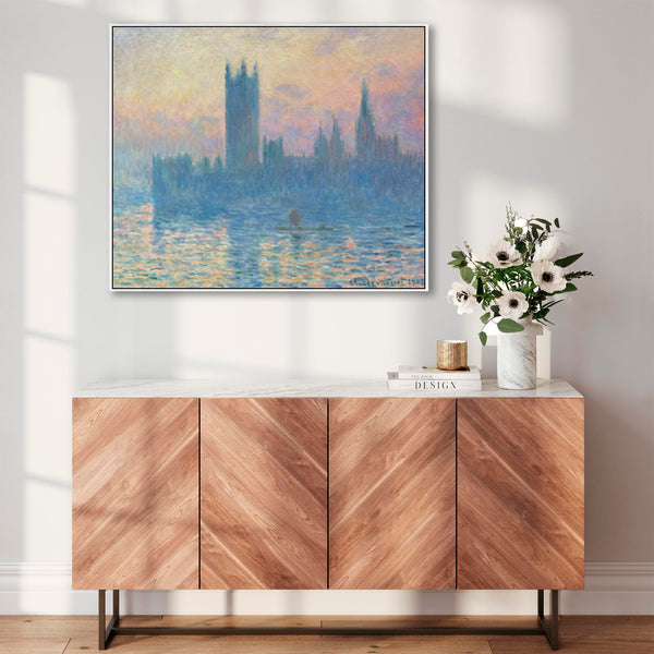 Large Claude Monet Framed Canvas Print of Houses of Parliament London Landscape Painting