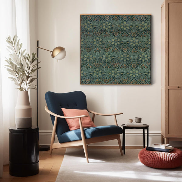 Large Green William Morris Wall Art Framed Canvas Print of Famous Ispahan Pattern - 100cm x 100cm