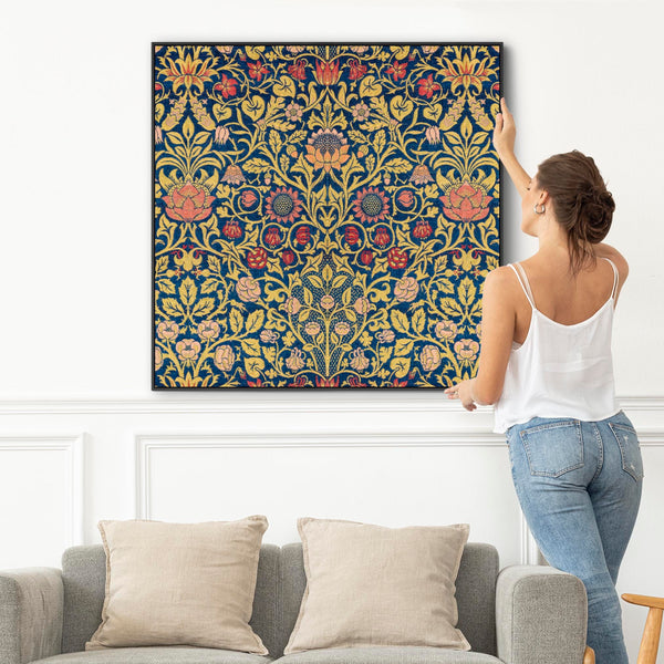 Large Colourful William Morris Wall Art Framed Canvas Print of Violet and Columbine Pattern - 100cm x 100cm