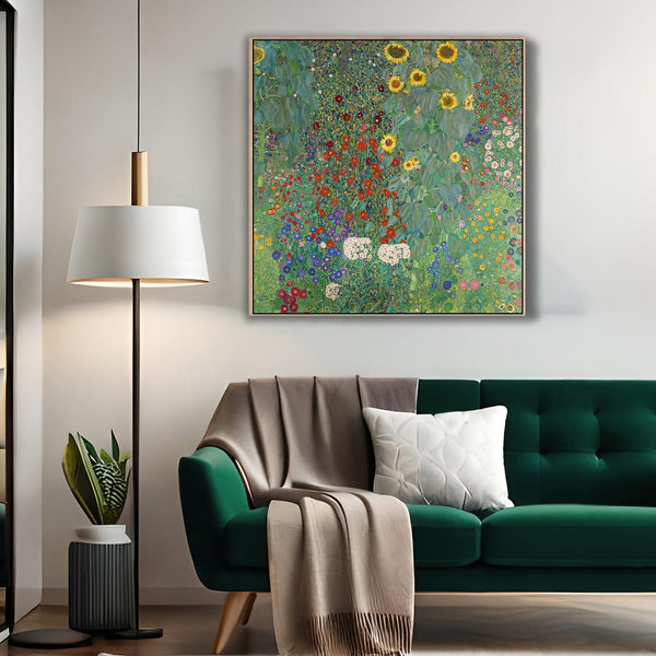 Large Gustav Klimt Farm Garden - Framed Canvas Print - Green Floral - 100cm x 100cm