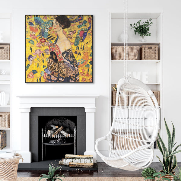 Large Gustav Klimt Framed Wall Art Canvas - Lady with Fan - 100cm x 100cm