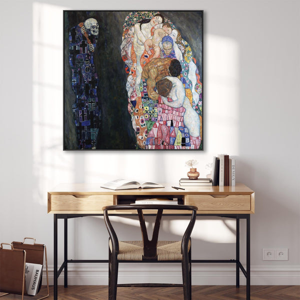 Large Colourful Gustav Klimt Wall Art Framed Canvas Print of Death and Life Painting - 100cm x 100cm