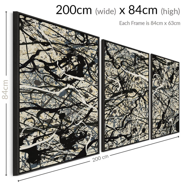 Neutral Wall Art for Living Room - Set of 3 Abstract Pictures Jackson Pollock Style - 2m Wide