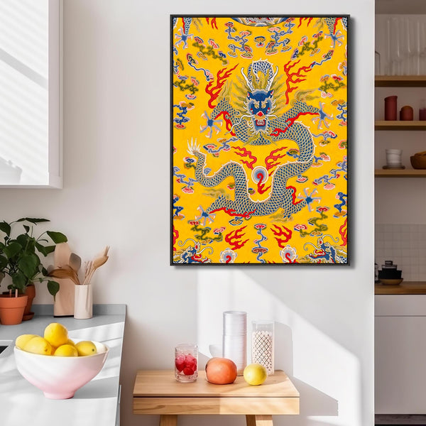 Japanese Dragon Wall Art Framed Canvas Print of Yellow Empress Robe Painting