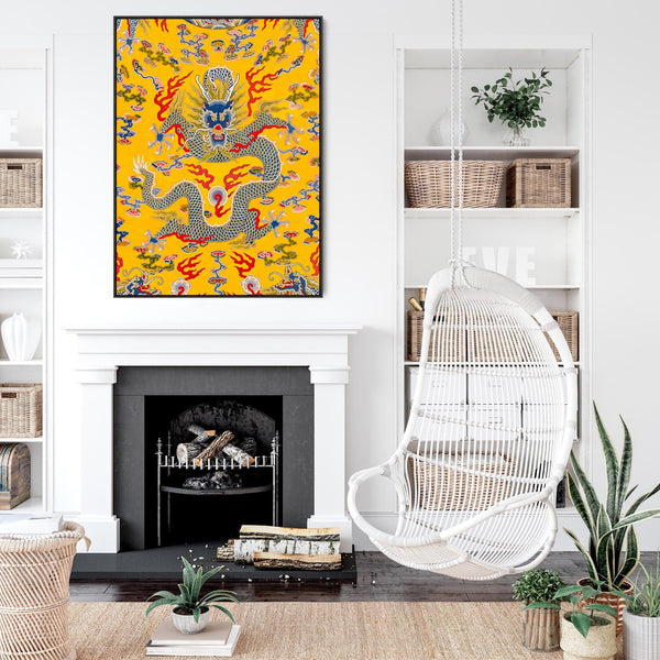 Japanese Dragon Wall Art Framed Canvas Print of Yellow Empress Robe Painting