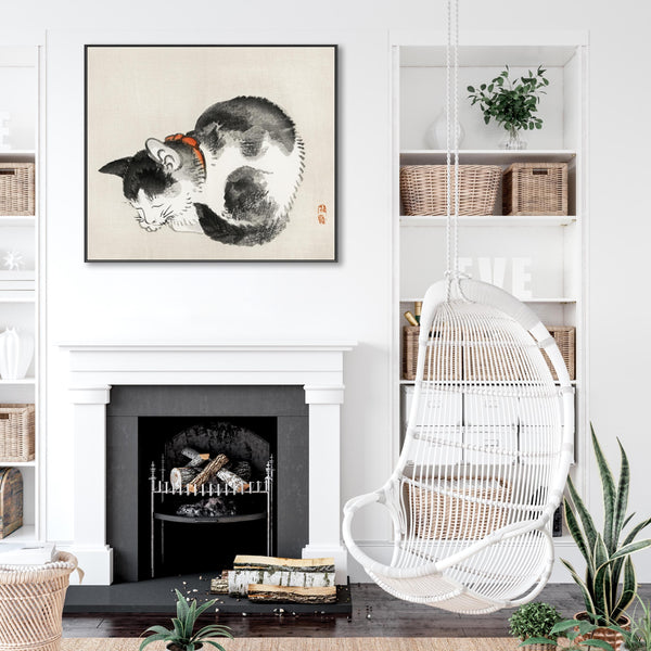 Japanese Sleeping Cat Black White Wall Art Framed Canvas Print by Kono Bairei